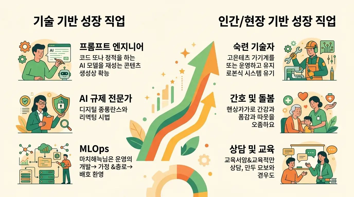 AI 시대에 수요가 폭증하는 신직업군과 기술직을 보여주는 일러스트