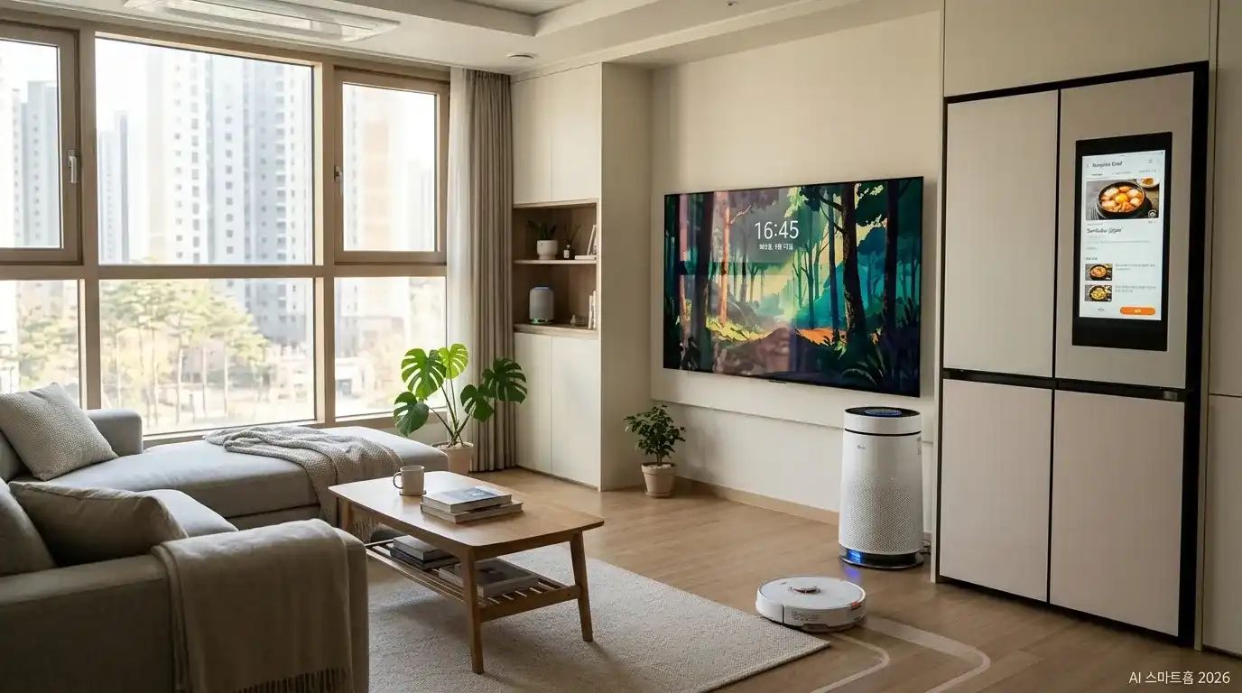 AI 냉장고와 로봇청소기가 있는 2026년 스마트홈 공간 인테리어