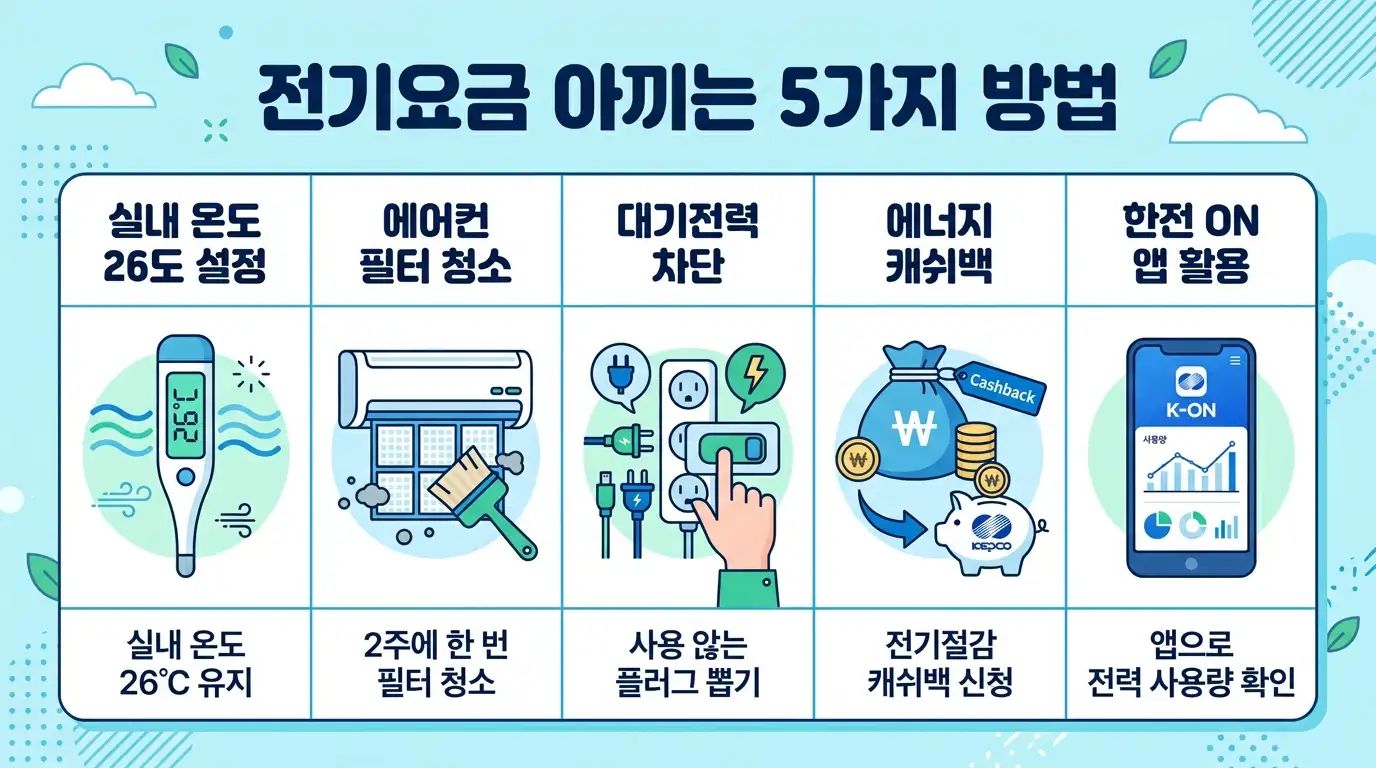 에어컨 전기요금 절약 5가지 방법을 보여주는 일러스트
