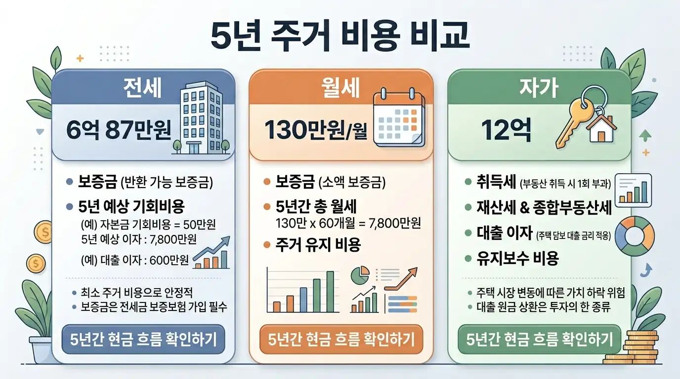 서울 아파트 전세 월세 자가 5년 비용 비교 인포그래픽