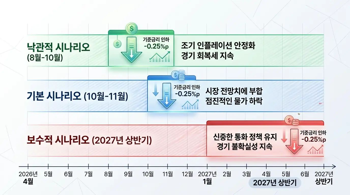 2026년 하반기 한국은행 금리 인하 3가지 시나리오 비교 차트