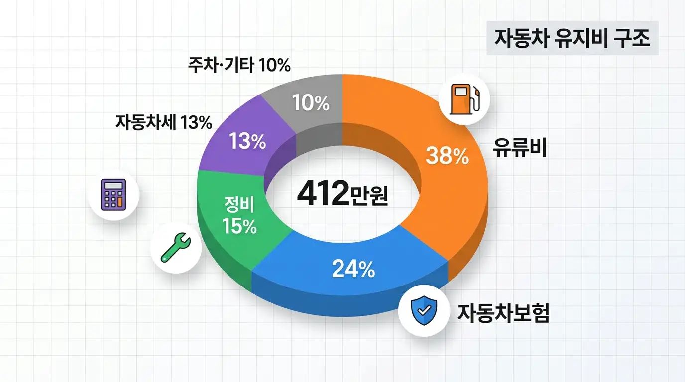 자동차 연간 유지비 412만 원 항목별 비중 인포그래픽 유류비 보험료 정비비