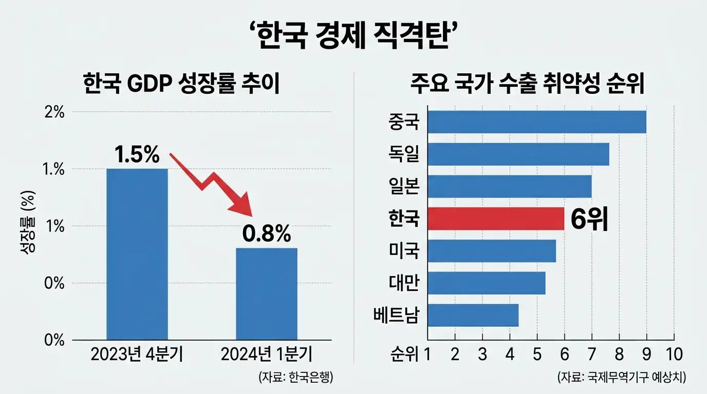 한국 GDP 성장률과 수출 영향을 보여주는 데이터 차트