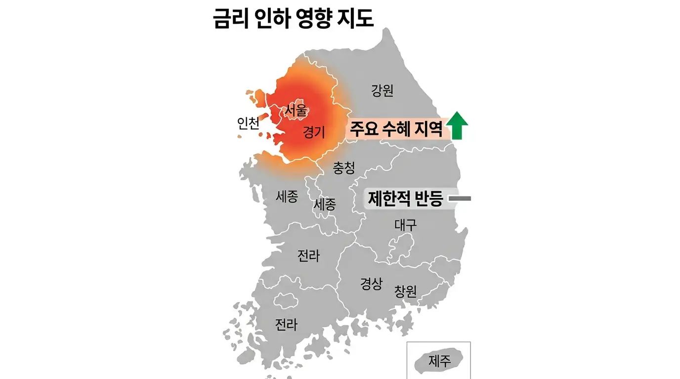 한국 부동산 수도권과 지방 금리 인하 영향 차이를 보여주는 지도