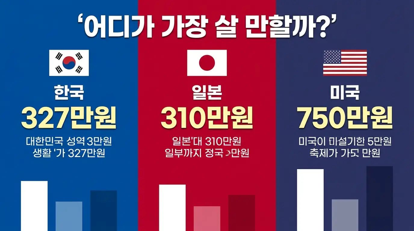한국 일본 미국 평균 월급과 생활비 비교 인포그래픽