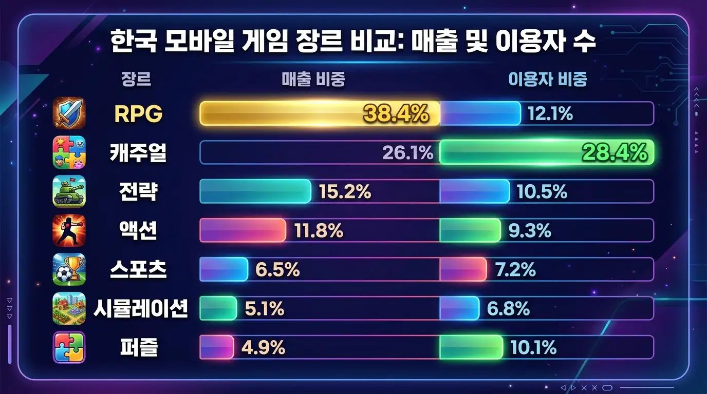 2025년 한국 모바일 게임 장르별 매출 비중 비교 차트