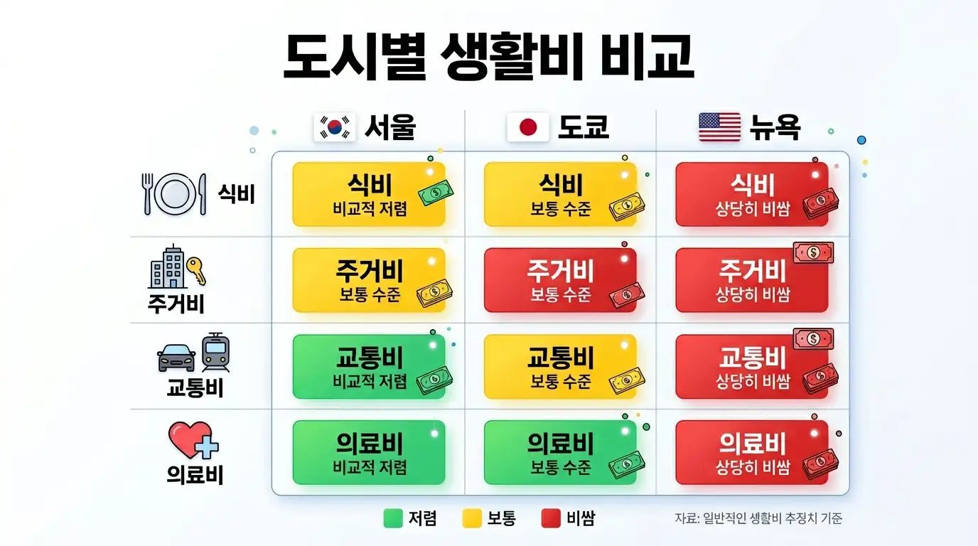 서울 도쿄 뉴욕 항목별 생활비 비교