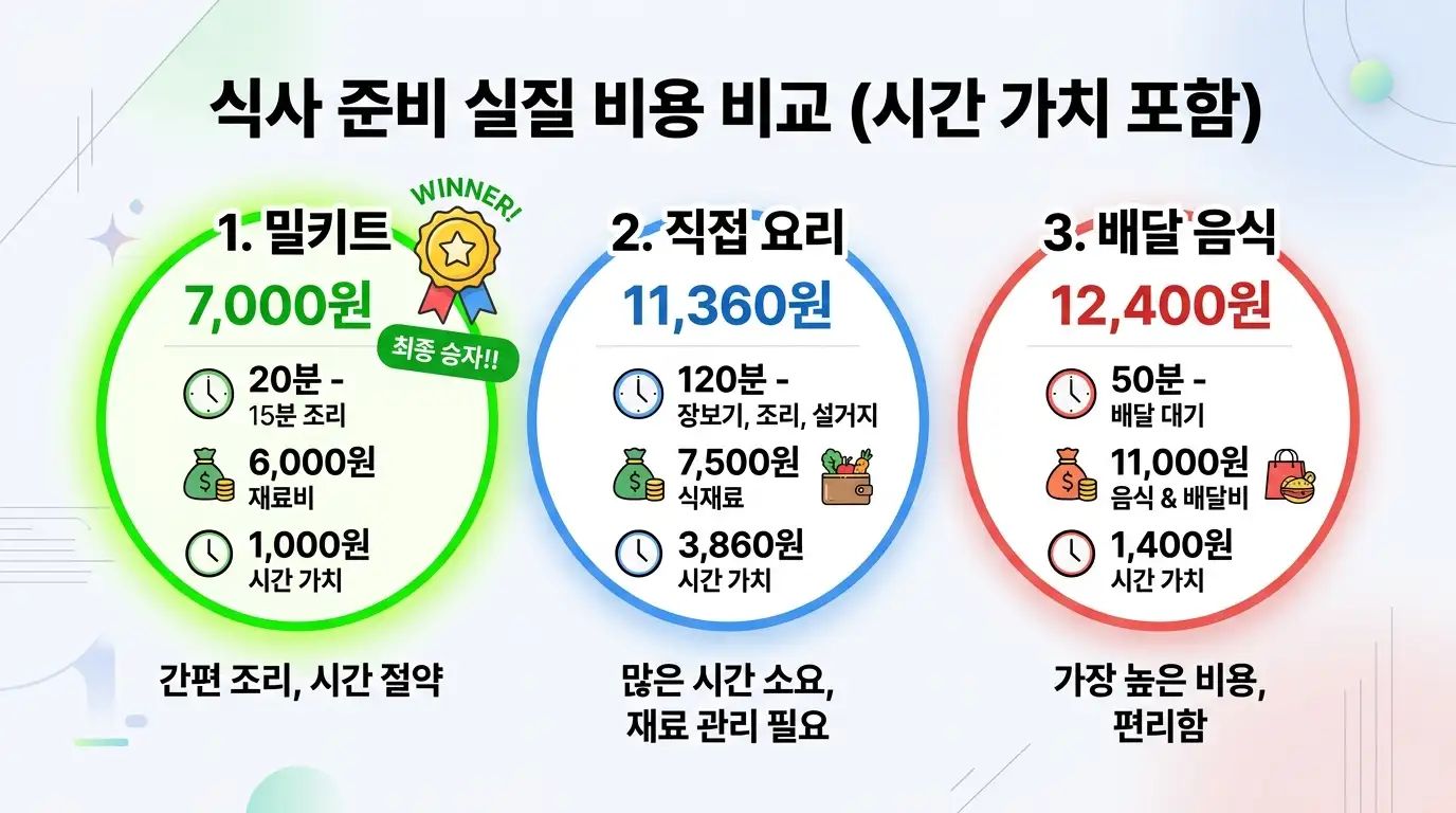 시간 가치 포함 식사 방법별 실질 비용 비교
