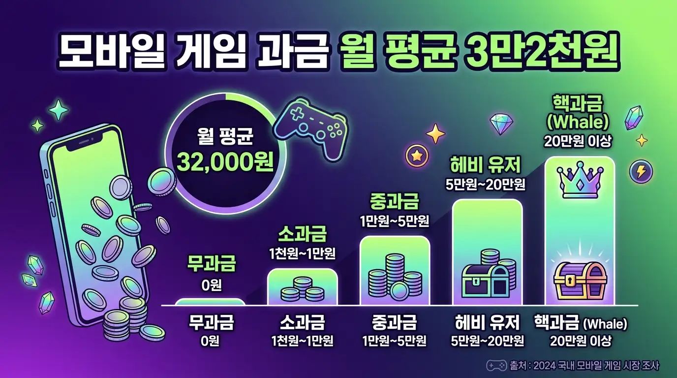2026년 한국 모바일 게임 월 평균 과금액과 게이밍 소비 트렌드를 보여주는 인포그래픽