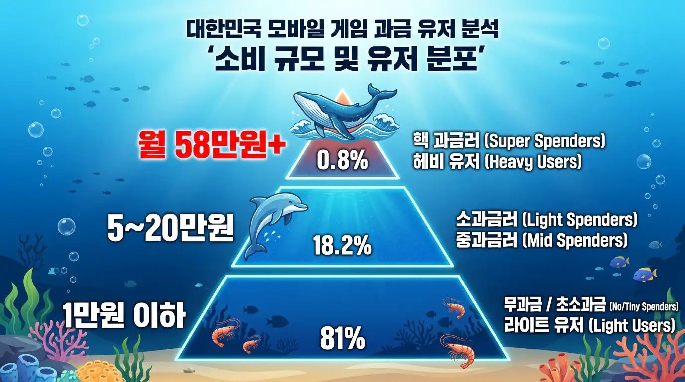 모바일 게임 과금 구간별 이용자 분포와 고래 구조 인포그래픽