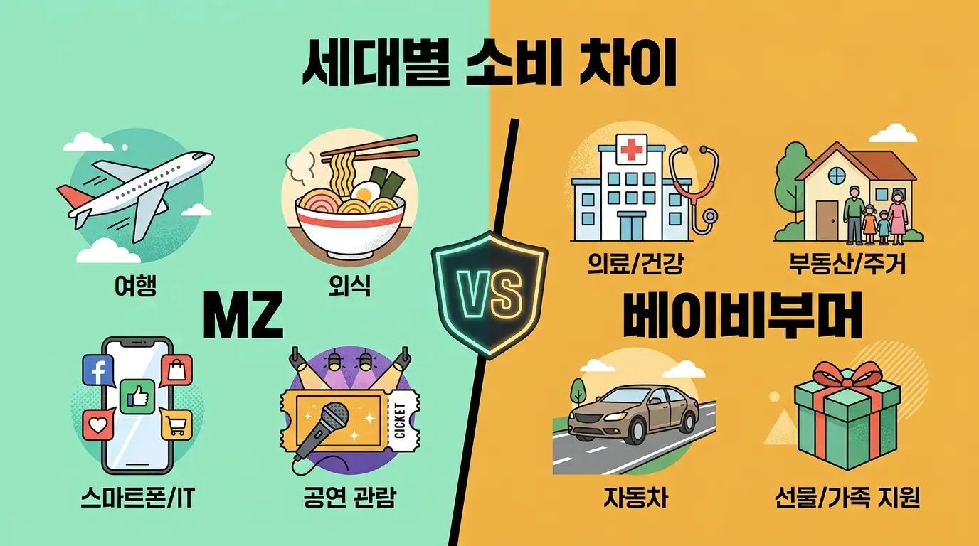 MZ세대와 베이비부머 소비 패턴 차이를 보여주는 인포그래픽