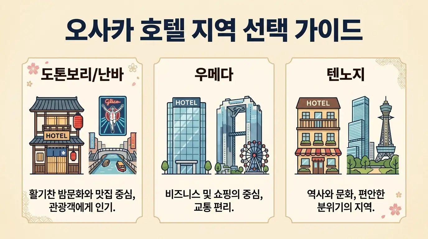 오사카 도톤보리 우메다 호텔 권역 비교