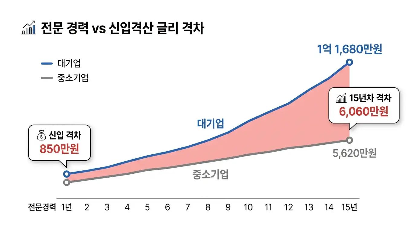 신입부터 15년차까지 대기업과 중소기업 연봉 격차가 벌어지는 추이를 나타낸 그래프