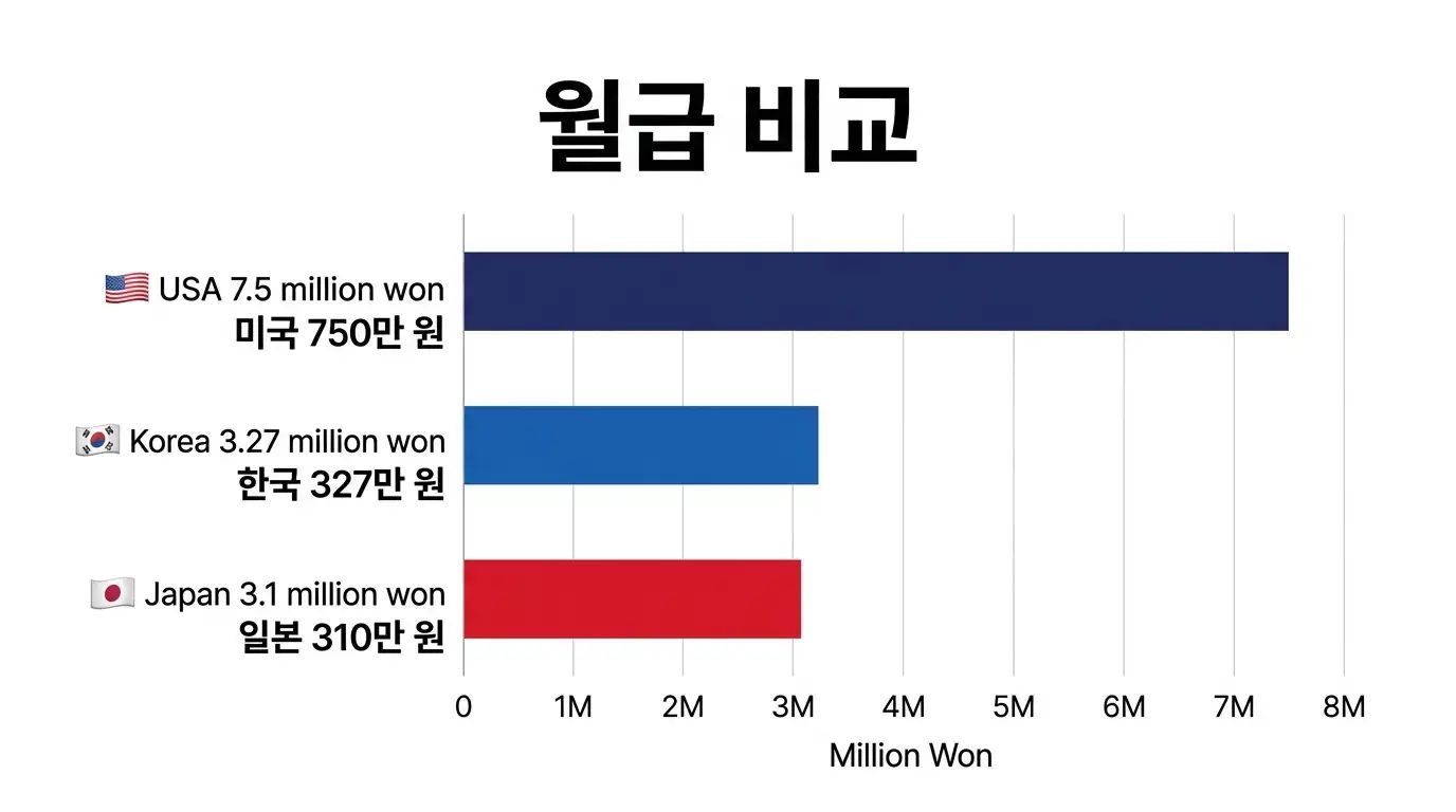 한국 일본 미국 평균 월급 막대 차트