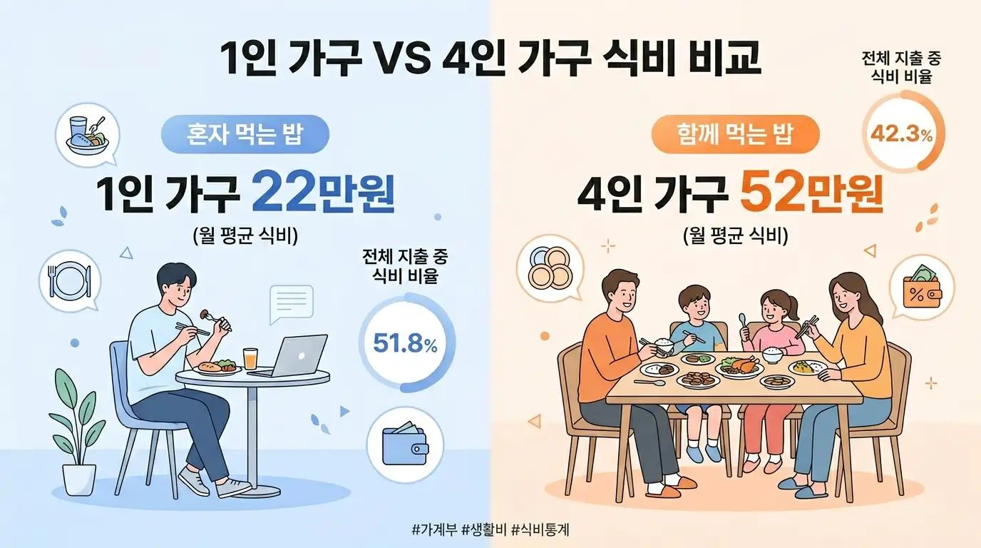 1인 가구와 다인 가구의 월 평균 외식비 비교 차트