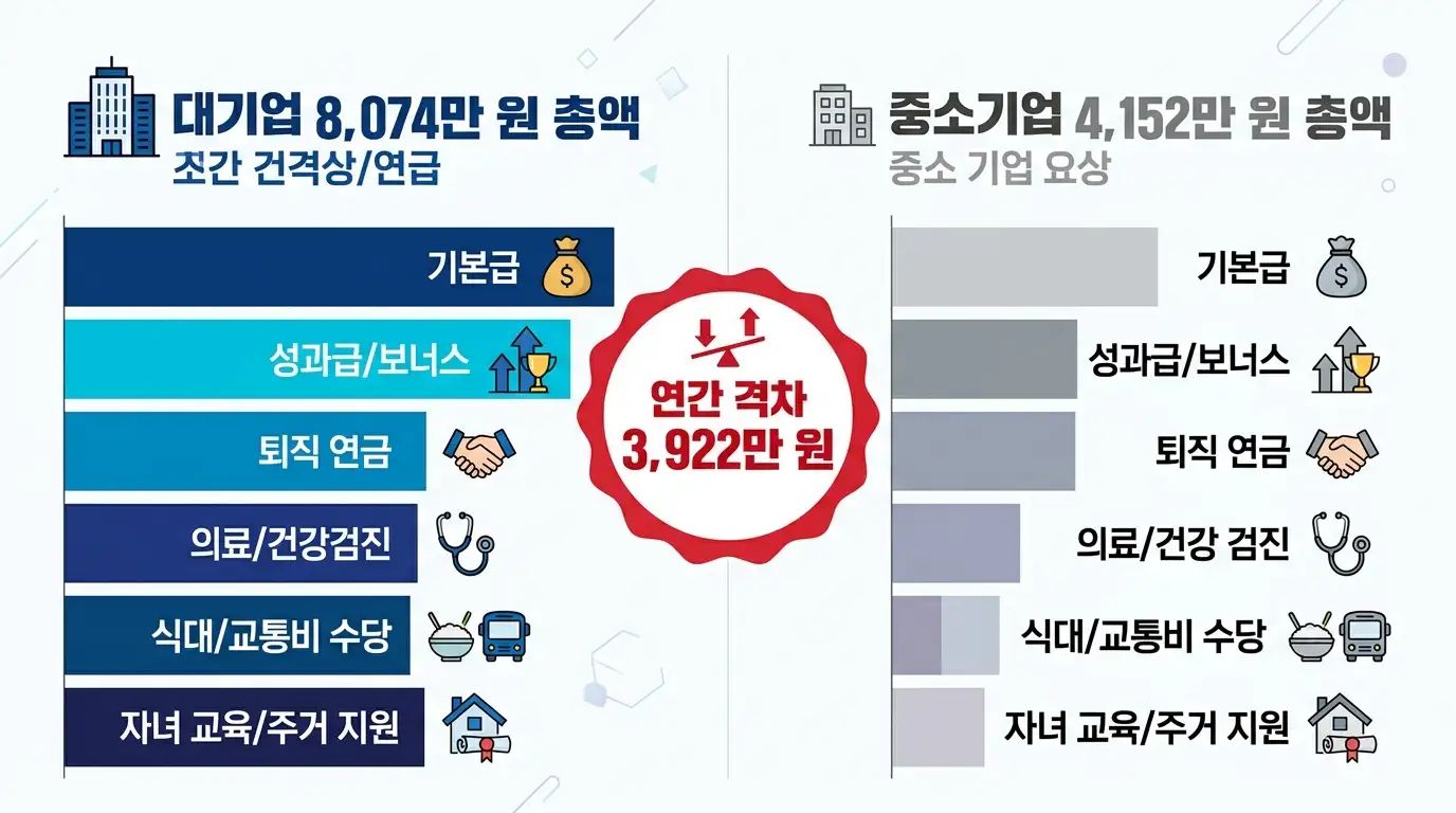 대기업과 중소기업의 기본급, 성과급, 복리후생을 포함한 총보상 항목별 비교 인포그래픽