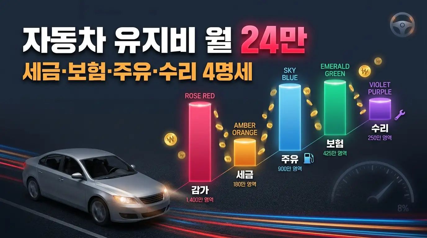 한국 자동차 5년 유지비를 구매·세금·주유·보험·수리 5단계 워터폴 차트로 시각화한 인포그래픽 이미지