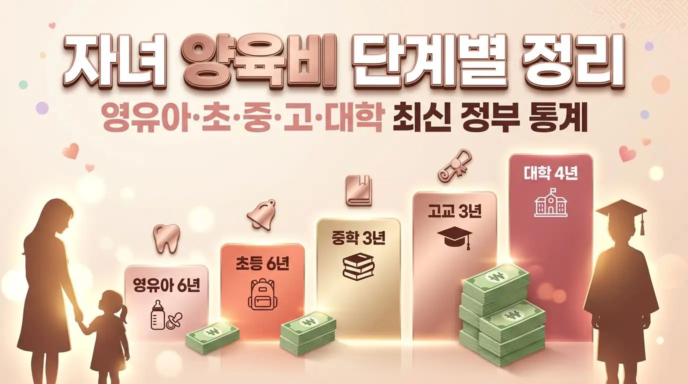 한국 자녀 양육비를 영유아·초등·중학·고교·대학 5단계로 시각화한 인포그래픽 이미지