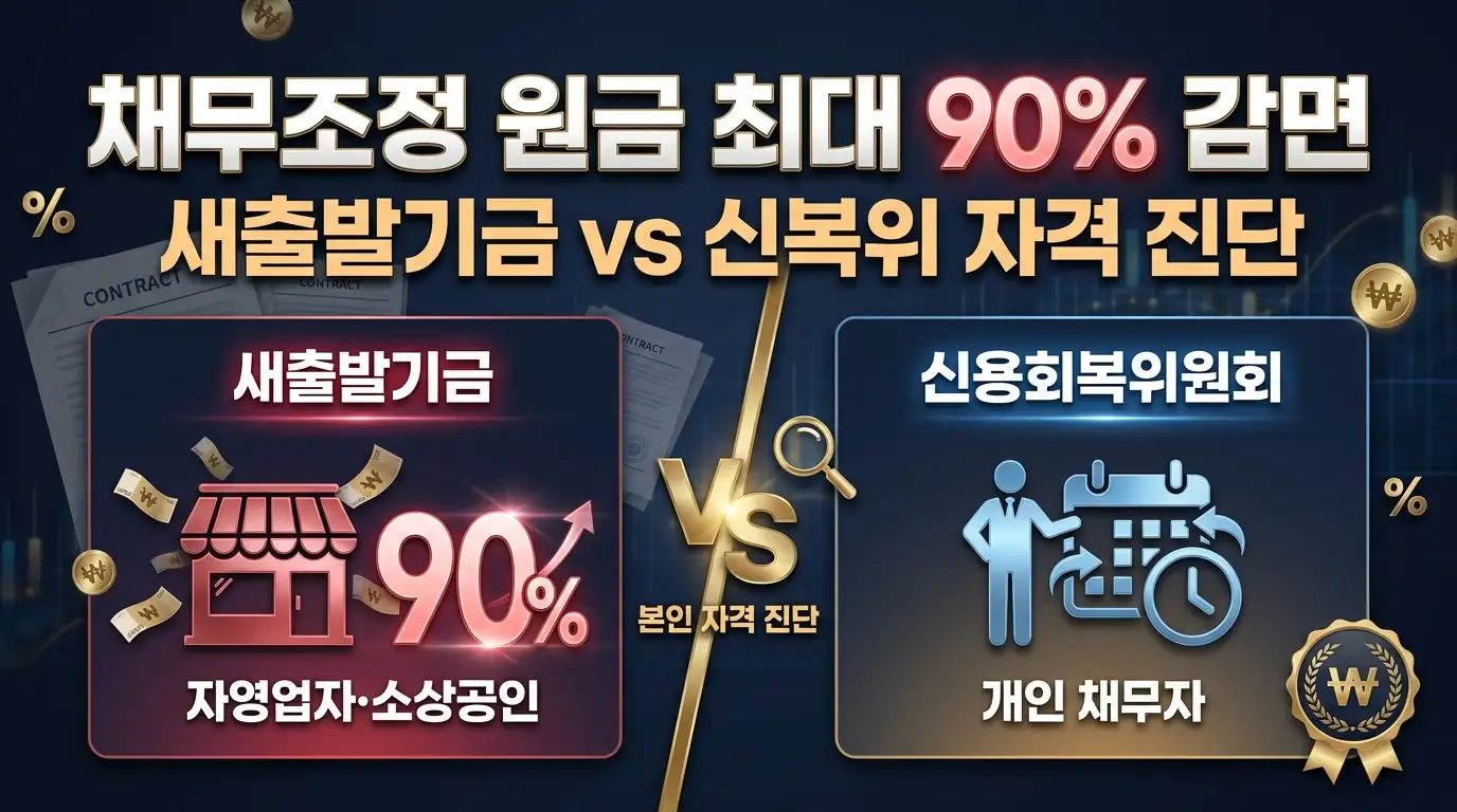 새출발기금과 신용회복위원회 채무조정 두 제도 비교 매트릭스를 시각화한 인포그래픽 이미지