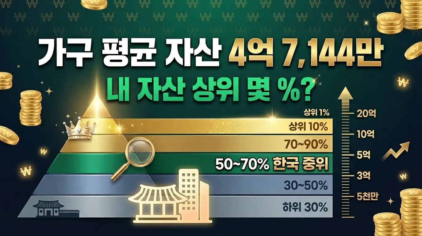 한국 가구 평균 순자산 4억 7,144만과 자산 분위 분포를 막대 그래프로 시각화한 인포그래픽 이미지