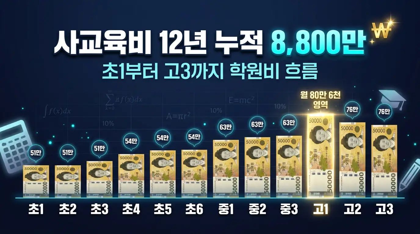 초1부터 고3까지 12년간 누적되는 한국 사교육비 8,800만 원을 막대 그래프 타임라인으로 시각화한 인포그래픽 이미지