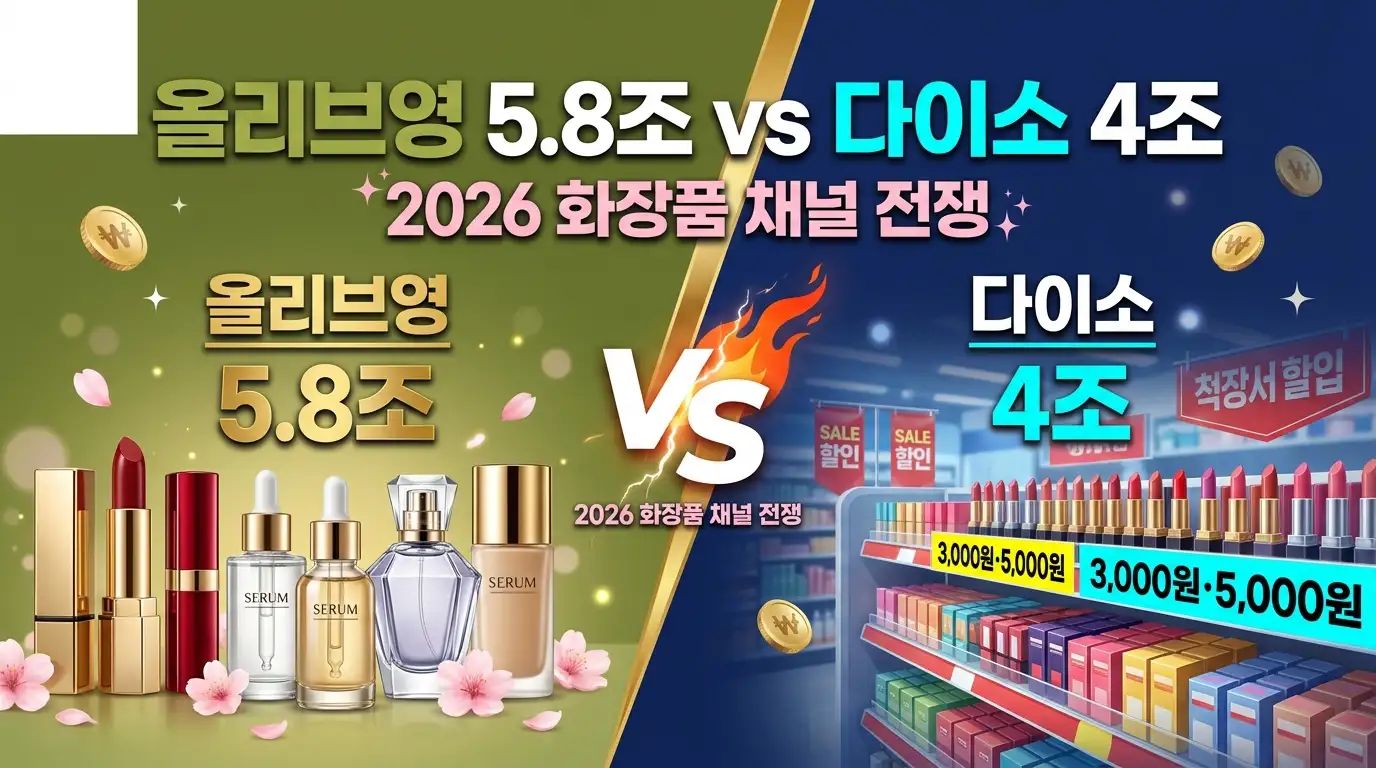 올리브영과 다이소 2025년 매출 비교와 화장품 채널 전쟁을 다룬 K-뷰티 시장 인포그래픽 이미지