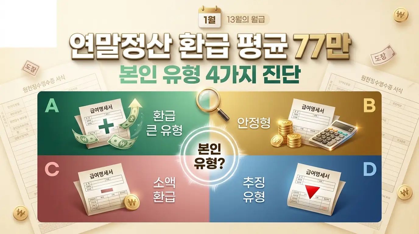 한국 직장인 연말정산 환급 4유형(A·B·C·D)을 4분할 매트릭스로 비교한 13월의 월급 진단 인포그래픽 이미지