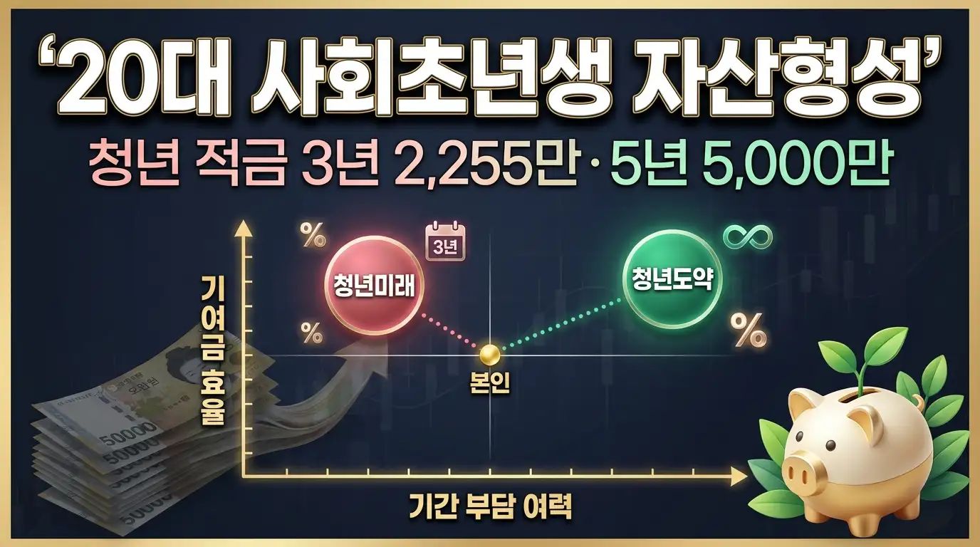 20대 사회초년생이 청년 정부 적금으로 3년·5년 동안 모을 수 있는 자산을 시각화한 인포그래픽