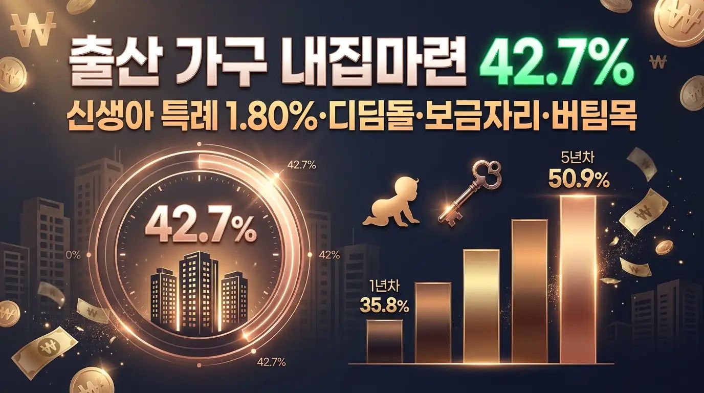 한국 출산·신혼 가구의 내집마련 비중 변화와 정부 주택 대출 정책을 시각화한 인포그래픽