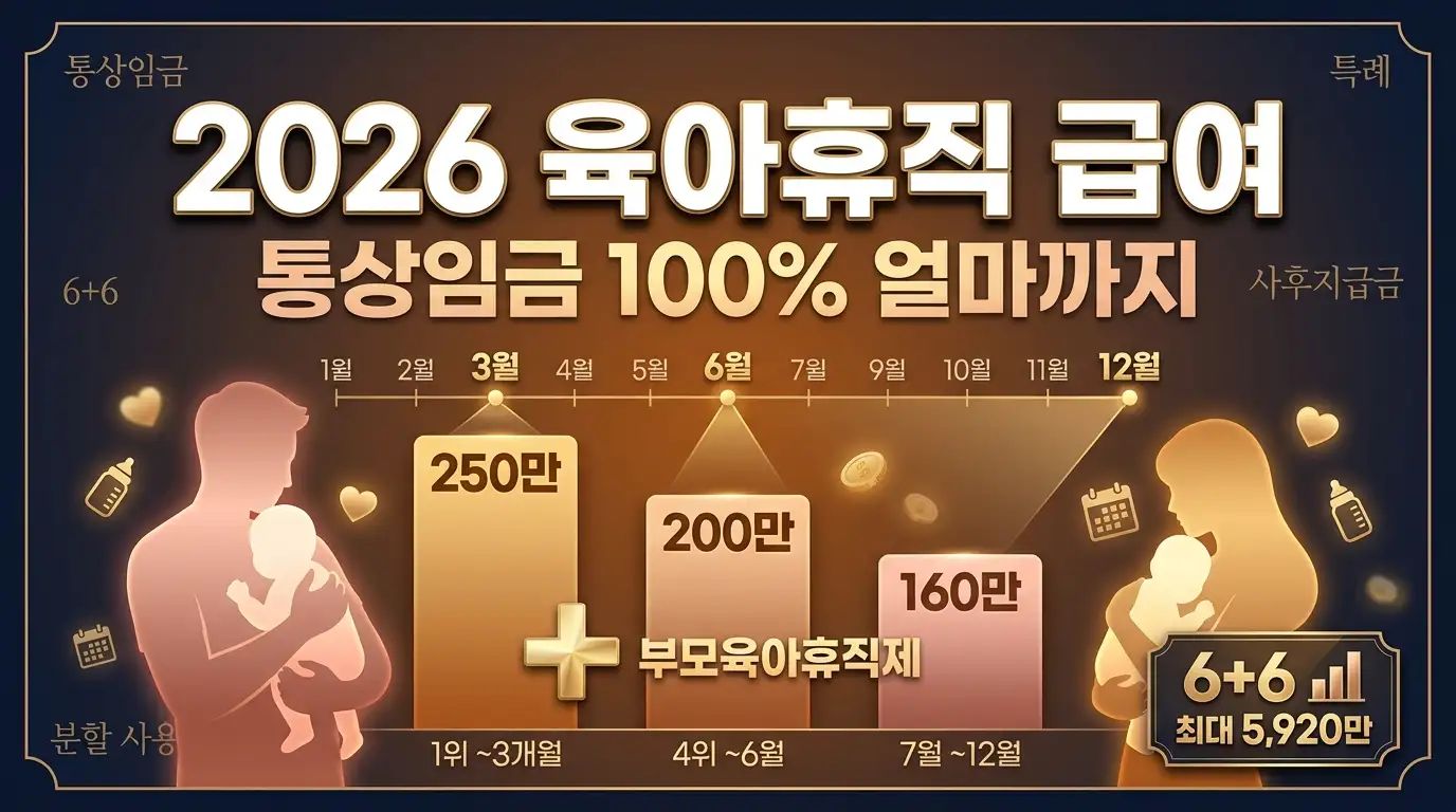 2026년 한국 육아휴직 급여 1~3개월 250만·4~6개월 200만·7~12개월 160만 3단계 구조와 6+6 부모육아휴직제 상승 막대 시각화 인포그래픽