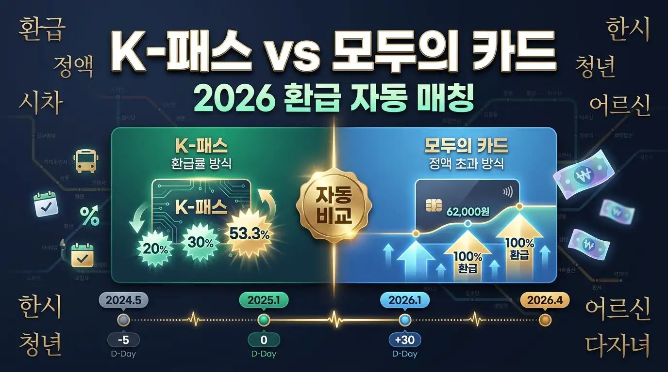 2026년 K-패스 환급률 20~53.3%와 모두의 카드 정액 초과 100% 환급 자동 비교 구조를 시각화한 비교 인포그래픽